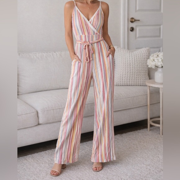 Petal Roz Pants - Striped Wrap Jumpsuit Small Pastel Rainbow Tie Waist Wide Leg Boho Summer